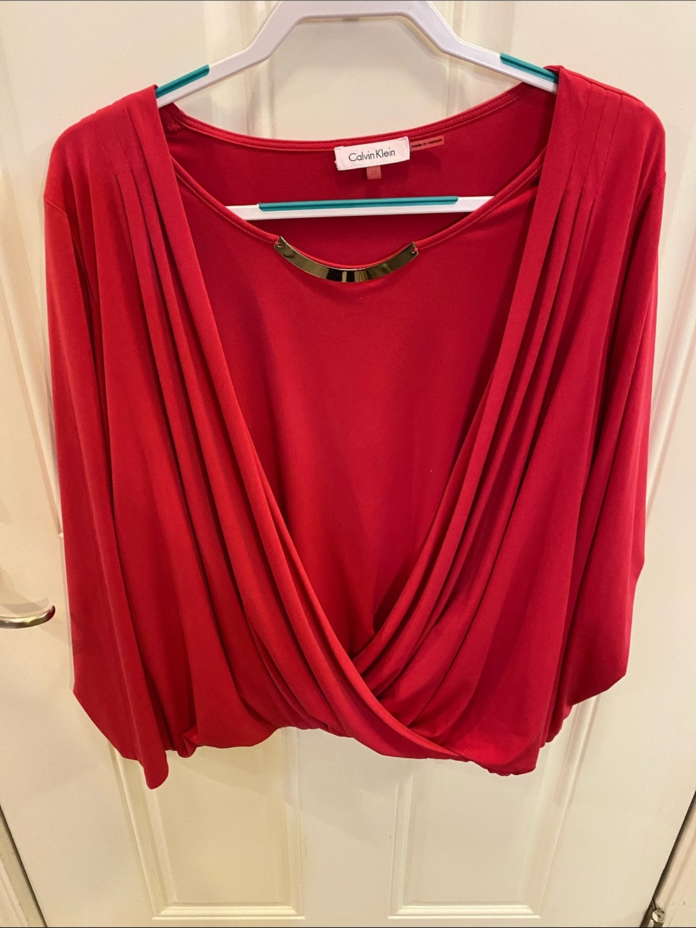Calvin Klein Pink Draped V-Neck Blouse with Gold Accent